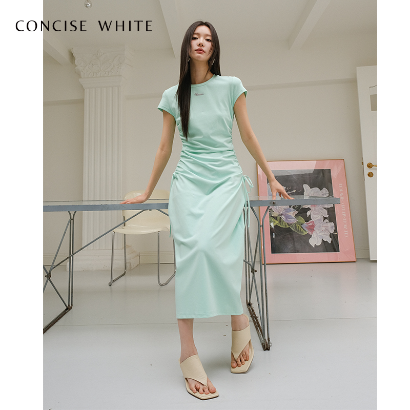 concise white简白纯色抽褶法式 短袖 连衣裙裙子长裙设计师品牌