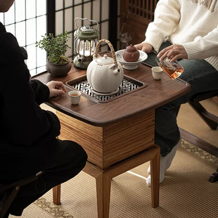 胡桃木围炉茶桌新中式 网红炭炉榻榻米小茶台家用庭院小方桌烤火桌