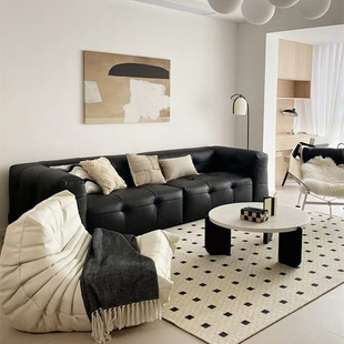北欧黑色侘寂风双面皮艺极简现代创意小户型客厅模块接待沙发组合