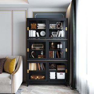 黑色书柜实木带玻璃门推拉柜置物收纳一体靠墙落地移门餐边柜书架