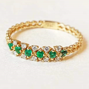 天然祖母绿钻石排戒戒指编辫纹18K金镶嵌珠宝宝石女全新