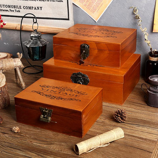家用收纳盒桌面首饰化妆品木质储物盒文件带锁密码 箱长方形木盒子