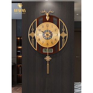 新中式 万年历挂钟客厅家用木创意时尚 静音黄铜墙装 饰复古大气钟表