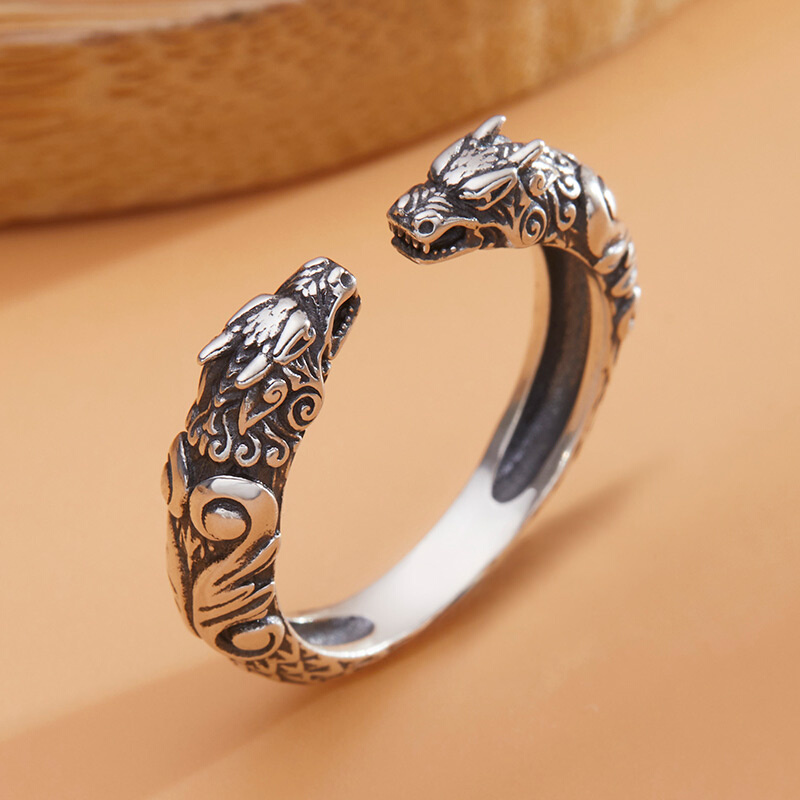 男士 复古个性 银戒时尚 古法民族风霸气双龙戒指纯银雕刻