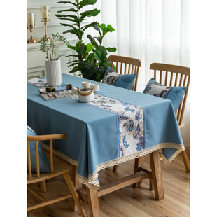 桌布布艺长方形棉麻家用餐桌布日式 正方形茶几自带桌旗台布 新中式