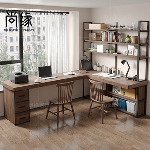实木转角书桌书架组合 家用拐角双人办公桌角落l型电脑桌书柜一体