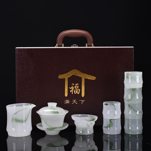 琉璃白玉茶具套装 功夫茶杯盖碗泡茶壶家用会客办公礼品茶具
