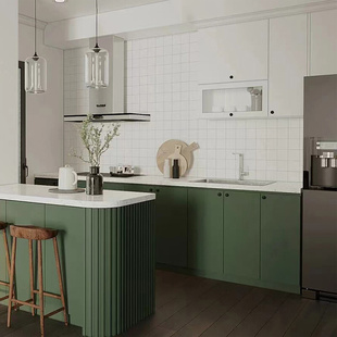 西安明创轻奢绿开放式 厨房整体厨房橱柜实木定做岩板台面定制