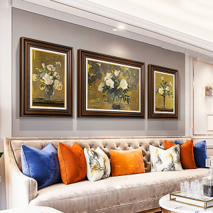 客厅装 饰画美式 沙发背景墙挂画复古三联画法式 艺术壁画花卉油画