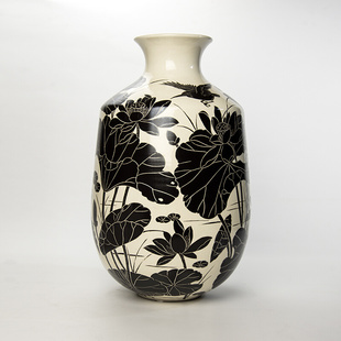 高档花瓶摆件磁州窑精美瓷瓶黑剔花水墨荷花陶瓷花瓶瓶高41厘米