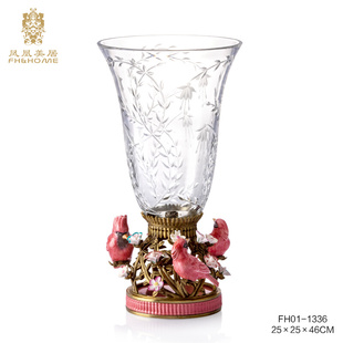 布拉格水晶玻璃透明铜底座高端花瓶新房家居装 饰花插 凤凰美居欧式