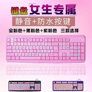 粉色键盘鼠标女生可爱卡通少女心静音办公USB有线台式 电脑笔记本