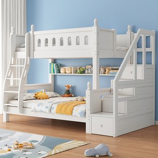 上下双铺层床全实木白色高低床多功能儿童床拖床两层子母床上下床