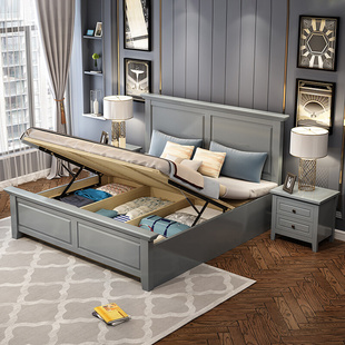 美式 实木床.8米双人床.5米现代简约高箱储物床乡村主卧轻奢家具