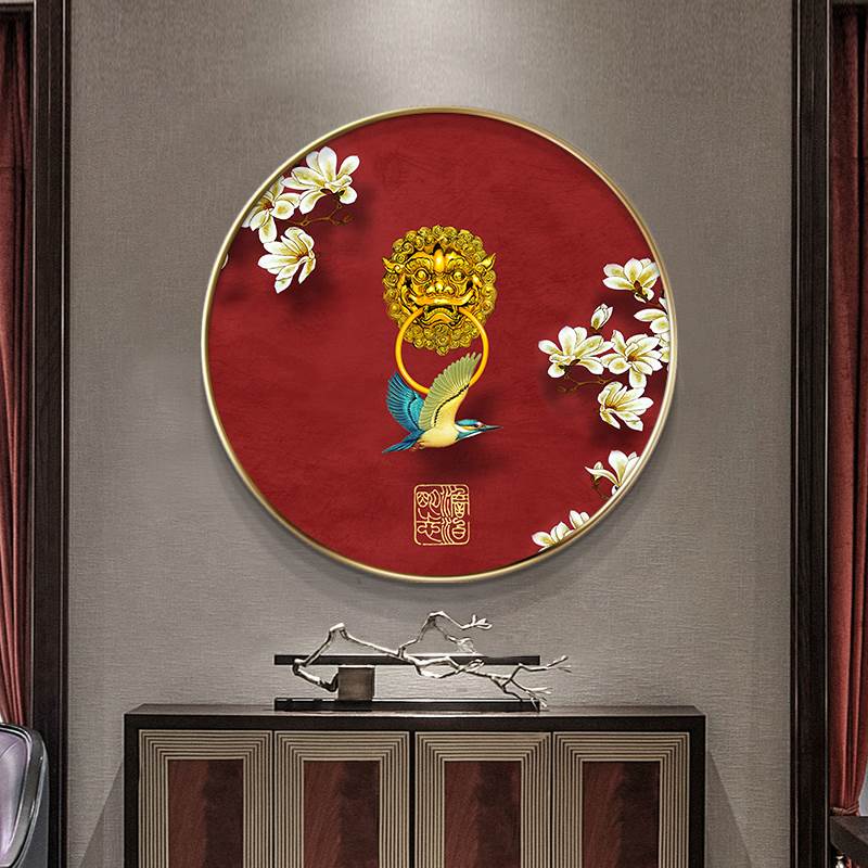 玄关装 饰画客厅沙发背景墙壁画中国风茶室禅意花鸟圆形挂画 新中式