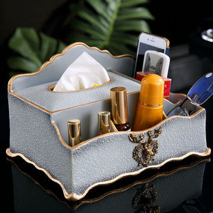 欧式 抽纸盒纸巾盒家用客厅创意茶几多功能遥控器灰麋鹿四方纸巾盒