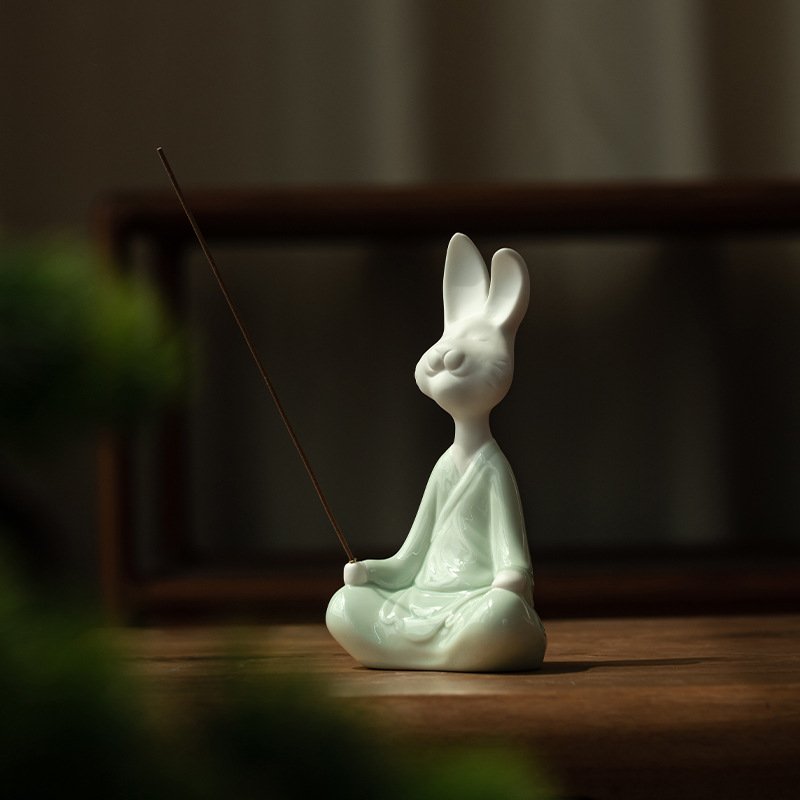 坐禅兔香插香座简约居家公室桌面装 饰 创意陶瓷兔子香炉摆件中式