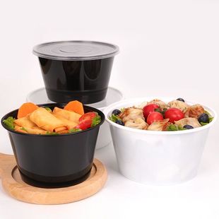 一次性餐盒圆形带盖打包盒外卖便当饭盒塑料黑色快餐盒子加厚汤碗