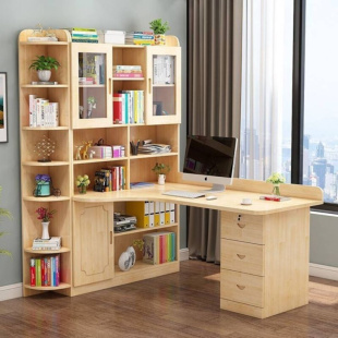 实木转角书桌书架组合电脑台式 桌书柜一体家用简约卧室拐角学习桌