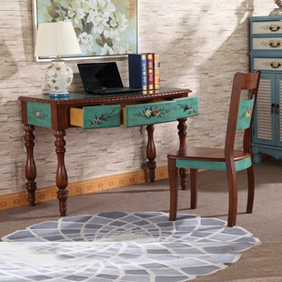 高至美 美式 家用美式 书桌 1.17米写字台 彩绘电脑桌椅子 实木书桌
