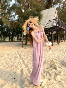 Itt7 原创海边拍照超仙度假风紫色吊带沙滩裙连衣裙多巴胺穿搭