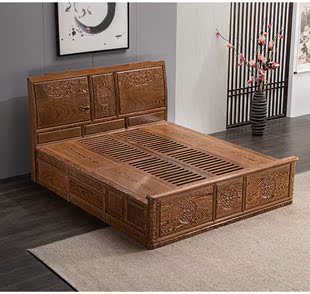 双人床古典明清婚床中式 实木床 红木家具非洲鸡翅木祥云大床1.8米