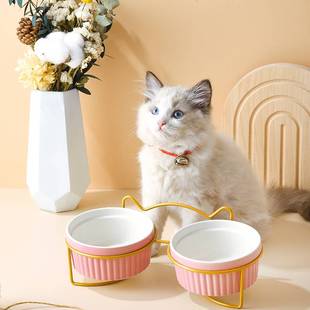 猫碗陶瓷猫咪猫粮双碗幼猫用食盆狗狗碗饭碗宠物饮水粮碗保护颈椎