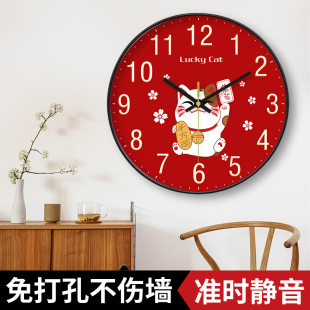 中国风招财猫钟表挂钟客厅家用新中式 卧室时钟挂墙时钟轻奢石英钟