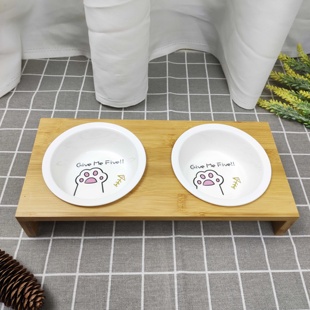 宠物饭桌猫碗陶瓷护颈竹木架子宠物双碗简约猫咪食盆防滑餐桌