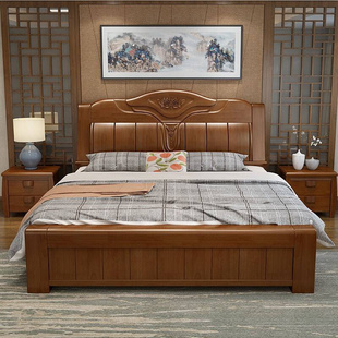 定制促现代中式 全实木床18米双人床15米橡木主卧婚床气压高箱储物