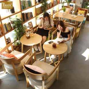 北欧咖啡厅沙发椅休闲甜品店饮品奶茶店洽谈卡座实木书吧桌椅组合