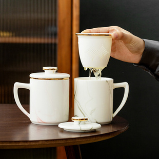 羊脂玉茶杯茶水分离陶瓷办公室带盖泡茶过滤男女专用杯子定 制