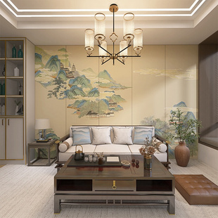 新中式 复古硬包背景墙客厅沙发刺绣皮革8d卧室床头电视墙壁画酒店