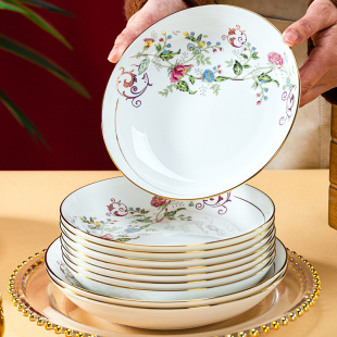 景德镇碗碟套装 陶瓷盘子菜盘深盘家用北欧金边骨瓷盘子大容量饭盘