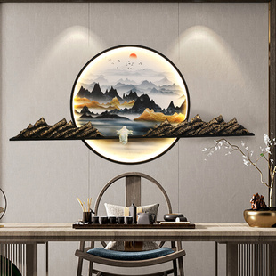 客厅装 饰画茶室灯画沙发背景墙壁画山水玄关圆形挂画入户画 新中式