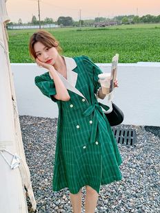绿色格子连衣裙女小个子2022夏新款 韩版 收腰气质赫本风职业西装 裙