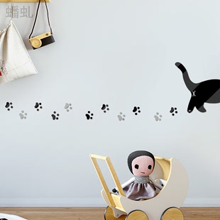 亚克力卡通猫咪背影脚印墙贴画儿童房床头幼儿园创意装 饰立体墙贴