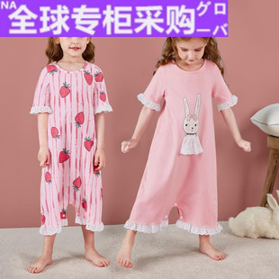防踢中大童女孩儿童睡衣宝 空调纯棉短袖 女童睡裙夏季 日本新款 薄款