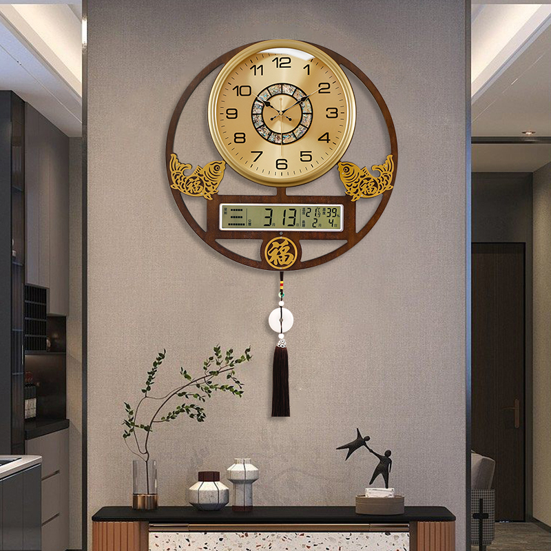 2024新中式 挂钟客厅大气高档钟表挂墙夜光日历时钟玄关餐厅石英钟