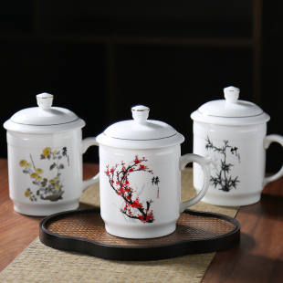 梅兰竹菊陶瓷茶杯家用大容量水杯带盖办公室会议杯礼品杯套装 定制