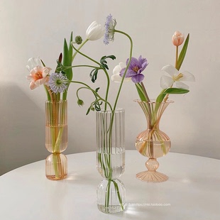 创意透明玻璃摆件插花器皿北欧风简约水培家居装 饰 ins风条纹花瓶