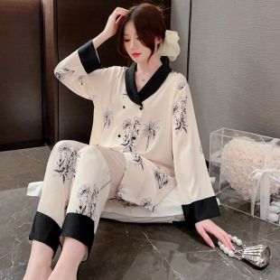 韩版 冰丝睡衣女高级感春秋季 2023年新款 丝绸家居服套装 薄款 长袖