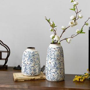 复古斑驳做旧青花瓷花瓶大陶瓷摆件创意客厅水养插花高级感新中式