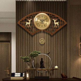 新中式 实木大气黄铜静音电波时钟挂墙扇形钟 钟表挂钟客厅家用时尚