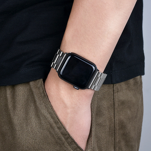 适用苹果手表钢表带apple 6代40 金属表带三珠不锈钢iwatch商务S7表带2 watch轻薄链式 45mm男女