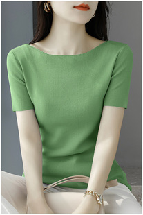 清仓折扣捡漏夏季 新款 正品 t恤女修身 绿色针织上衣 一字领冰丝短袖