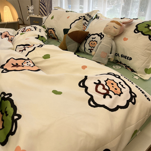韩系ins风超级可爱小羊水洗棉床单被套四件套儿童床上单人三件套