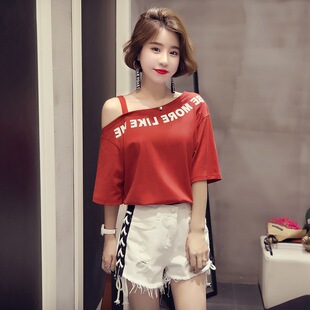 新款 韩版 夏装 t恤女ins潮时尚 洋气小心机设计感露肩上衣 一字领短袖