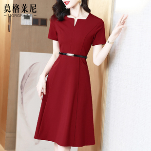 女夏季 赫本风红裙子高级感 复古方领高端气质红色连衣裙2024年新款