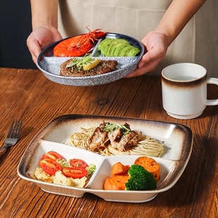 餐具三格分餐盘家用陶瓷减脂分隔分格盘一人食早餐盘碟子套装 日式